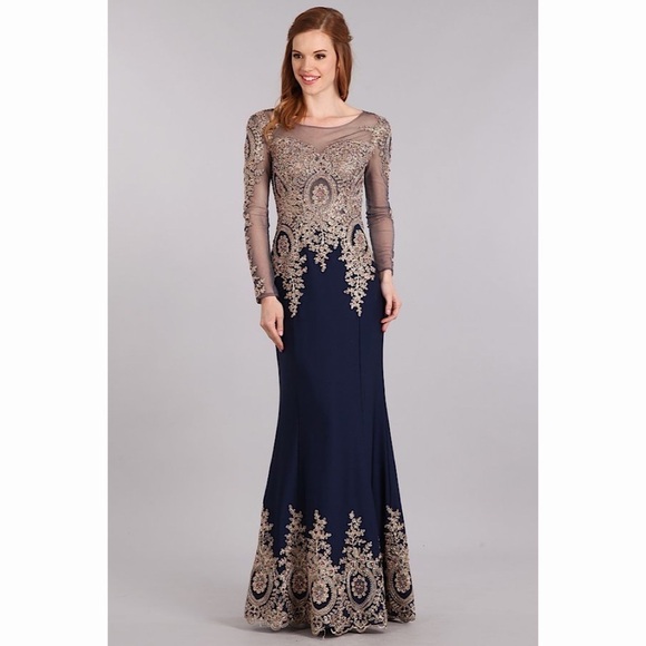 NAVY and Gold Lace Dress 1673 - Picture 1 of 6